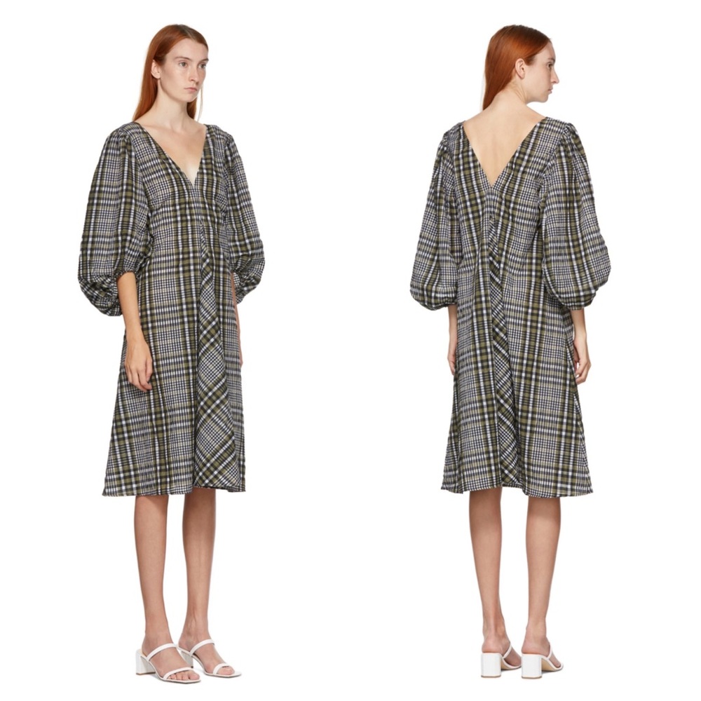 Ganni Green Seersucker Check V-Neck Dress Kalamata Size 34 / Size XS